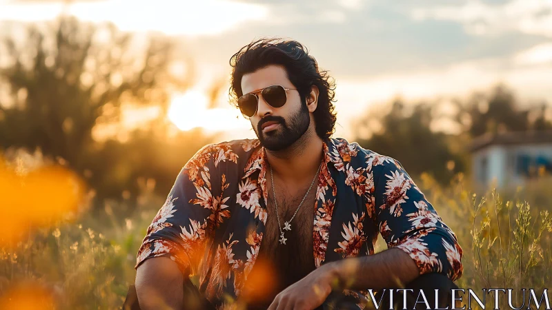 Sunlit portrait of stylish man in floral shirt at golden hour.