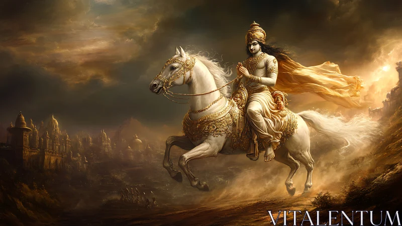 Radiant warrior riding a white horse through golden storm.