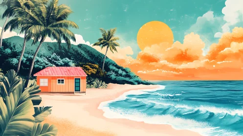 Tropical Beach Cabin at Sunset.