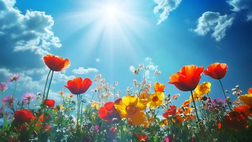 Wildflower choir basking in sunlit skyburst glory.