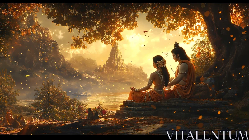 Mythic couple beside river, temple skyline, sunset foliage glow