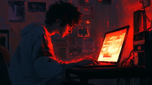 Solitary coder framed by red laptop glow at night.