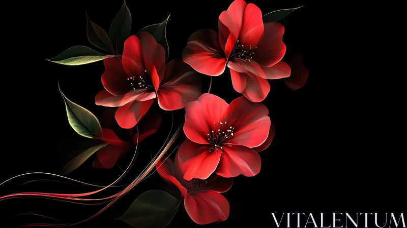 Red blooms rendered against dark background with light effects