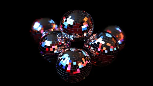 Clustered mirrored disco spheres reflect vivid neon light