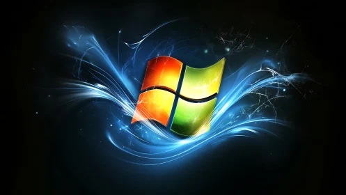 Glowing Windows logo with swirling blue light trails.
