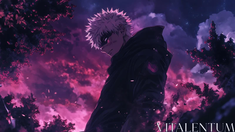 Moody anime wanderer under glowing violet twilight sky.