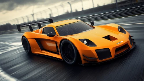 Orange race car moves on wet track in rainy conditions