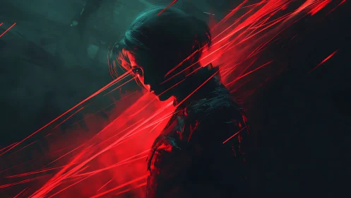 Silhouetted cyber figure sliced by dynamic red light streaks