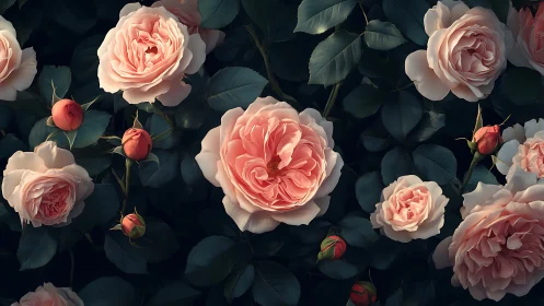 Garden Roses with Buds Against Dark Foliage