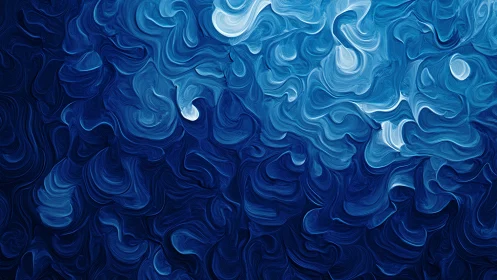 Swirling blue impasto waves suggest fluid motion and depth