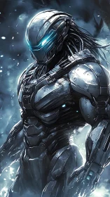 Chrome titan strides through frozen light in storming cyberspace