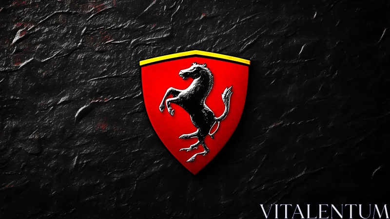 Red shield emblem with prancing horse on dark textured ground.