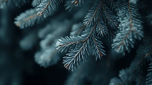 Frosted evergreen needles recorded in shallow depth macro