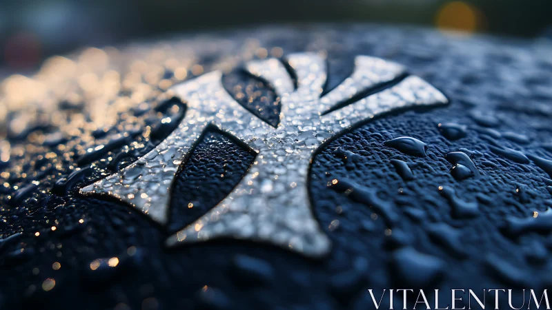 Wet metallic logo on dark textured surface is shown in macro