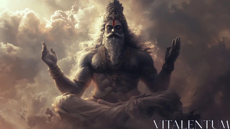 Divine bearded deity meditating in stormy golden clouds.