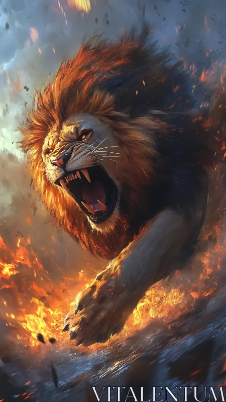 Digital lion lunging forward through fire and embers.
