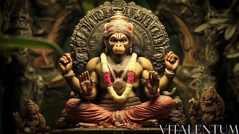 Divine monkey deity sits in radiant gold-lit jungle shrine