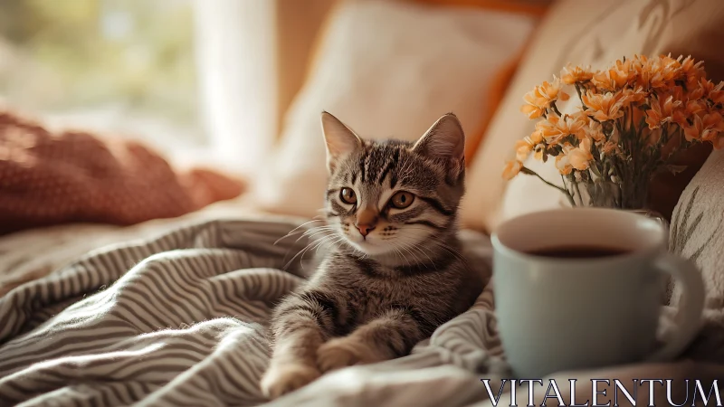 Tabby cat positioned on striped bedding with mug.