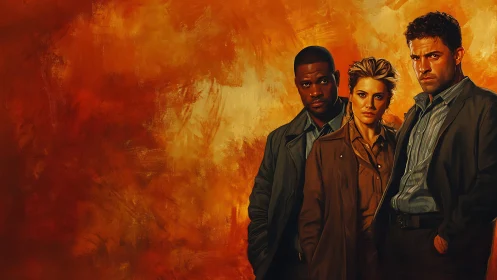 Grit-forged detectives blaze against molten orange storm.