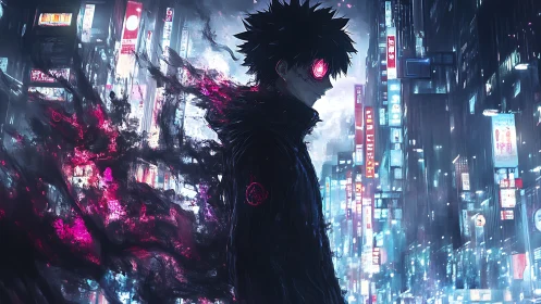 Neon-eyed antihero stands within glitching cyber city night.