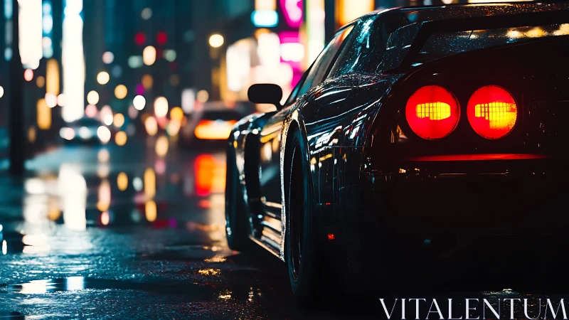 Retro sports car glows under neon rain soaked city lights.