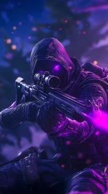 Neon-spectral sniper with scoped rifle in dynamic engagement.