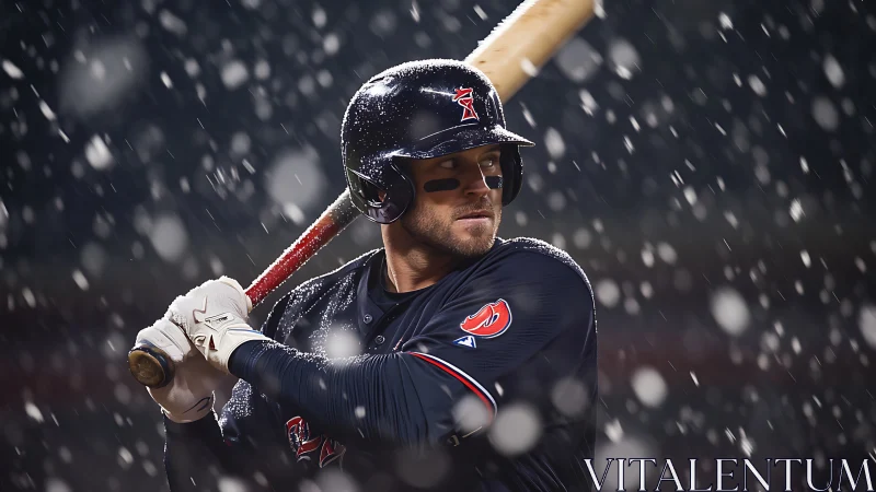Focused baseball batter poised in snowfall under stadium lights.