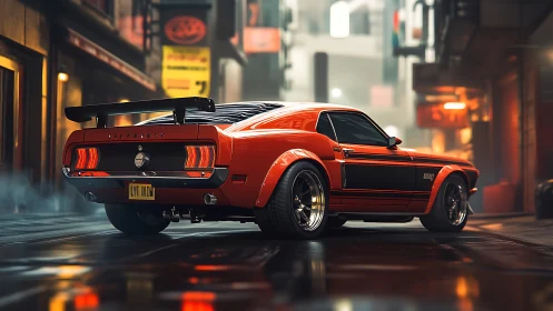 Modified classic muscle car on wet urban street at night.