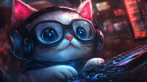 Cute white gamer cat with headset and glowing keyboard.