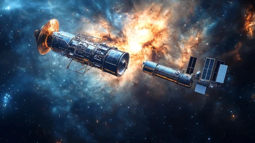 Two detailed satellites aligned against bright nebula field.