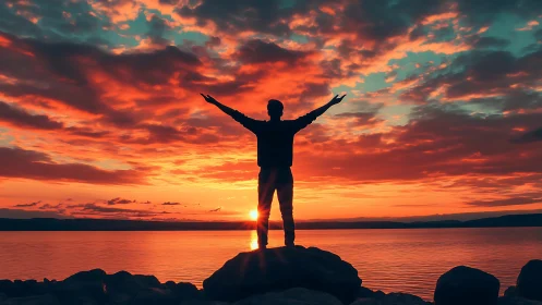 Silhouette on shore embracing vivid red orange sunset sky.