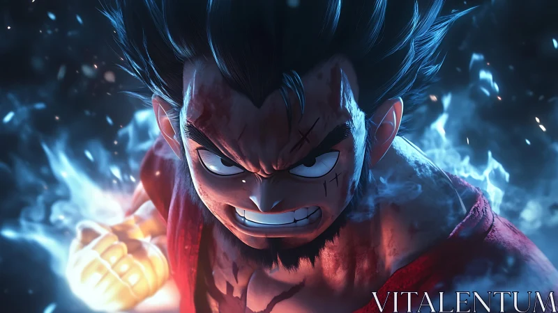 Battle-hardened anime fighter charges glowing energy fist