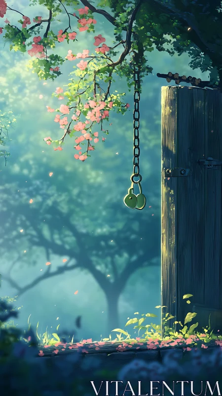 Sunlit wooden gate and hanging bells in misty spring garden