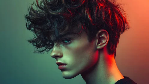 Moody portrait under teal green and red rim lighting glow.