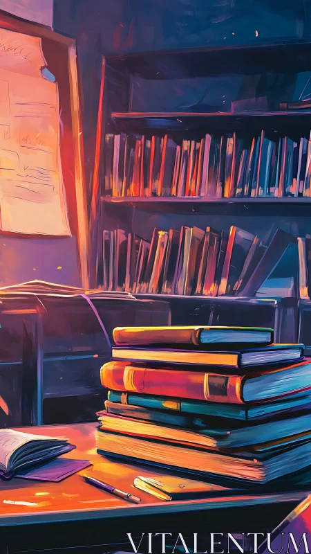 Stacked books on desk in dim library interior at dusk.