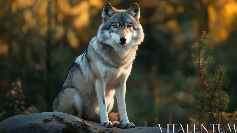 Grey wolf on forest rock in warm evening light, alert stance.