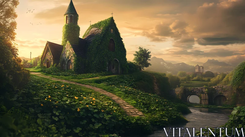 Stone chapel with ivy in rural riverside mountain valley.
