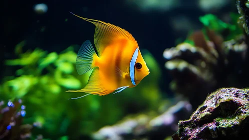 Orange tropical fish in marine aquarium with coral reef.