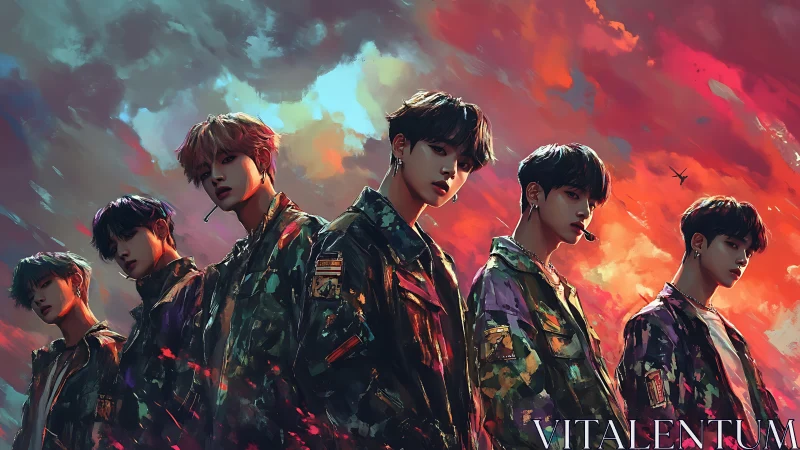 Digital painting boy band under vivid storm sky.
