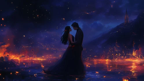 Gothic Couple Silhouette Against Burning Cathedral.