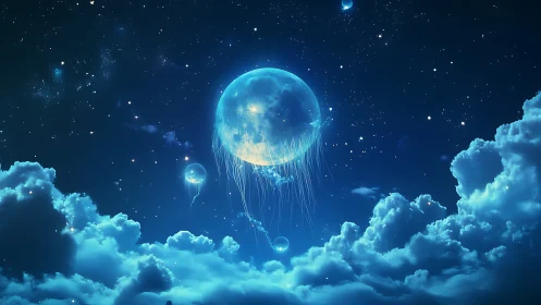 Floating luminous jellyfish-like spheres in nocturnal sky.