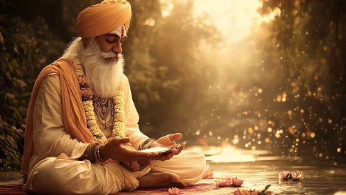 Meditative river mystic under volumetric sunset illumination.