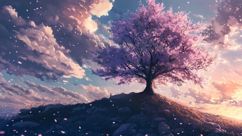 Twilight petals drift as a lone cherry tree crowns the hill