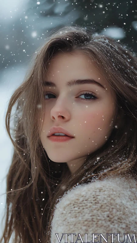 Young woman outdoors in falling snow, winter portrait scene.