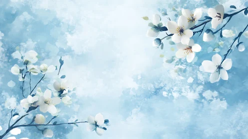 White Blossoms on Blue Textured Background