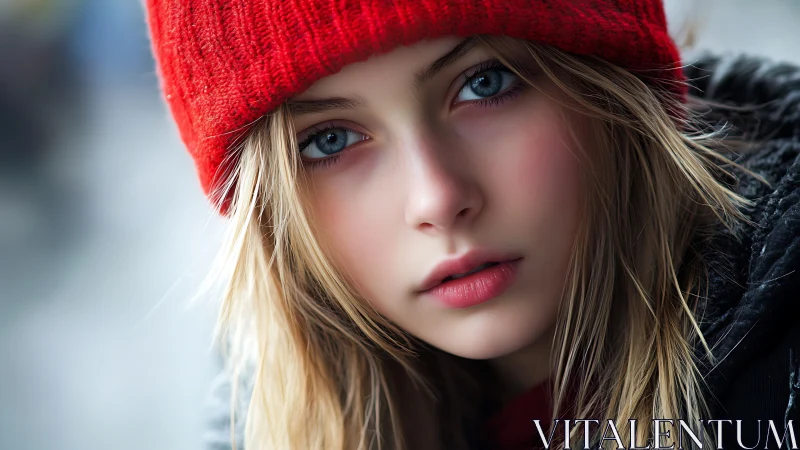 Youth portrait with red knit beanie and wintry shallow focus.