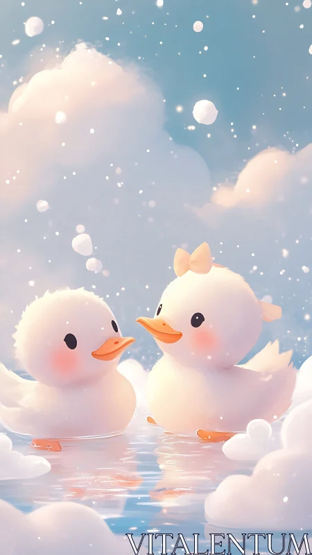 Cute duck couple in pastel cloud-filled sky pool.