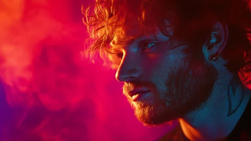 Side-lit male portrait in red blue gelled studio lighting profile