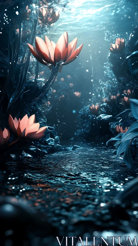 Subaquatic bioluminescent flora with reflective caustic stream.