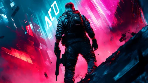 Armed figure in neon-lit urban sci-fi corridor at night.